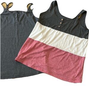 2 Women’s Tank Tops Med Ribbed And Tiered Long Gray Stripes Athletic Comfy Gym